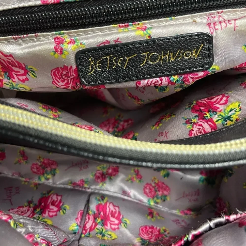 Betsey Johnson off white & Black quilted faux leather satchel with bow accent
